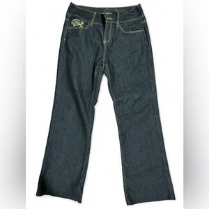 Vintage Y2K Crest Jeans Dark Wash Bootcut Jeans with Floral Embroidery